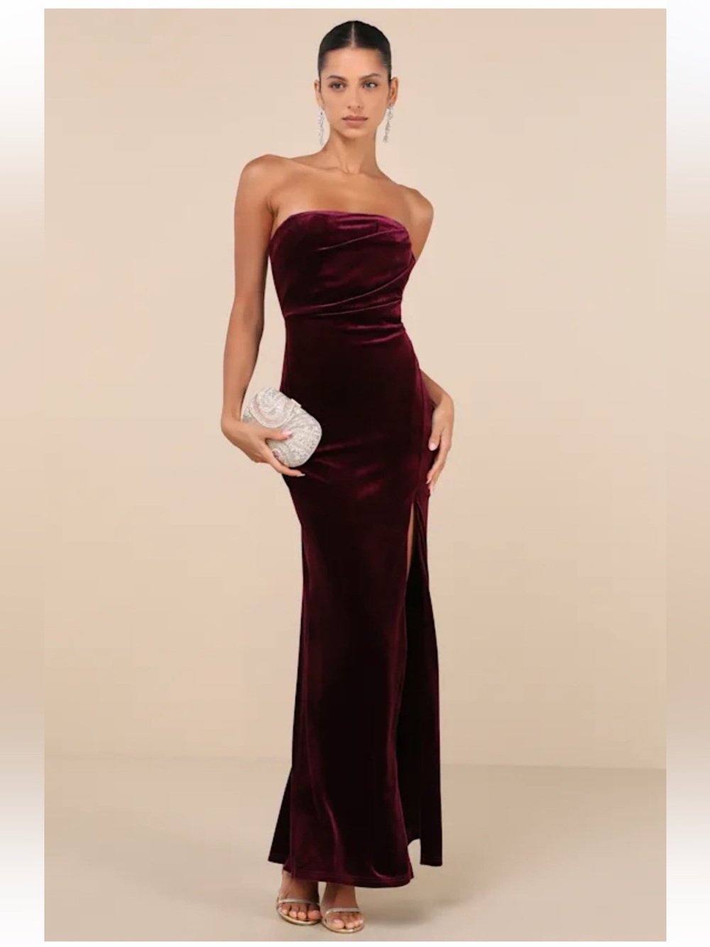Lulu's Strapless Velvet Column Gown in Wine